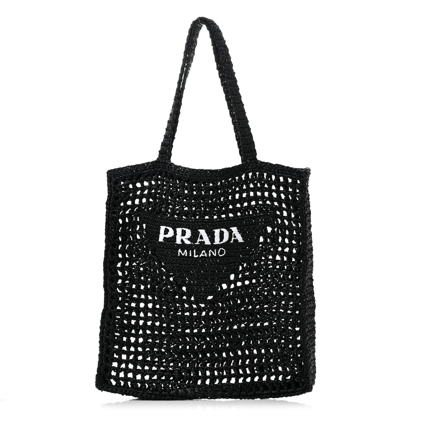 Yarn Raffia Effect Crochet Logo Embroidered Tote Bag Black