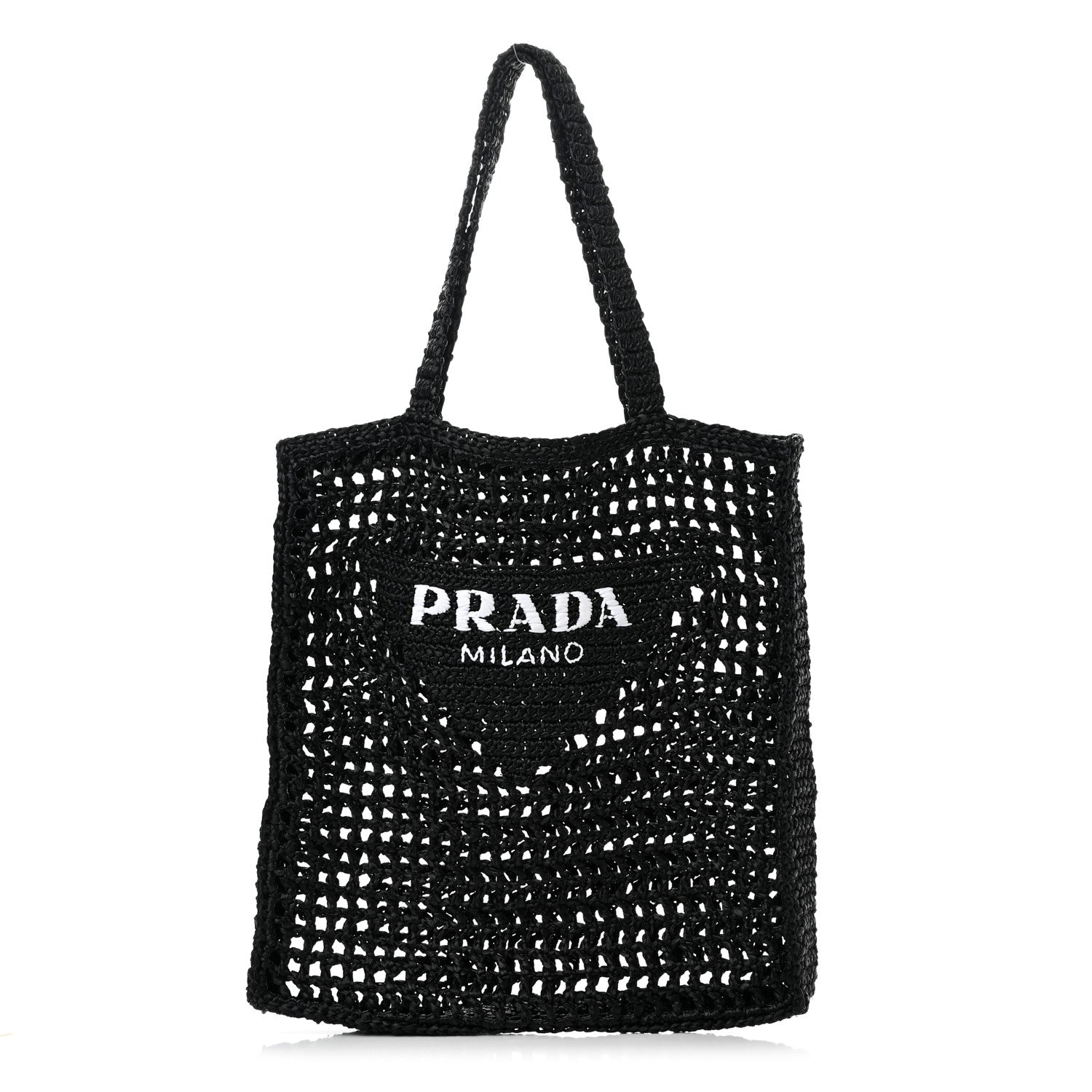 Prada Yarn Raffia Effect Crochet Logo Embroidered Tote Bag Black 1 of 12