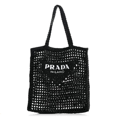 Prada Yarn Raffia Effect Crochet Logo Embroidered Tote Bag Black 1 of 12