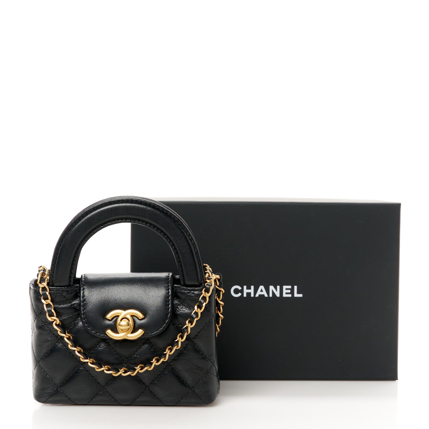Chanel Shiny Aged Calfskin Quilted Mini Nano Kelly Shopper Black