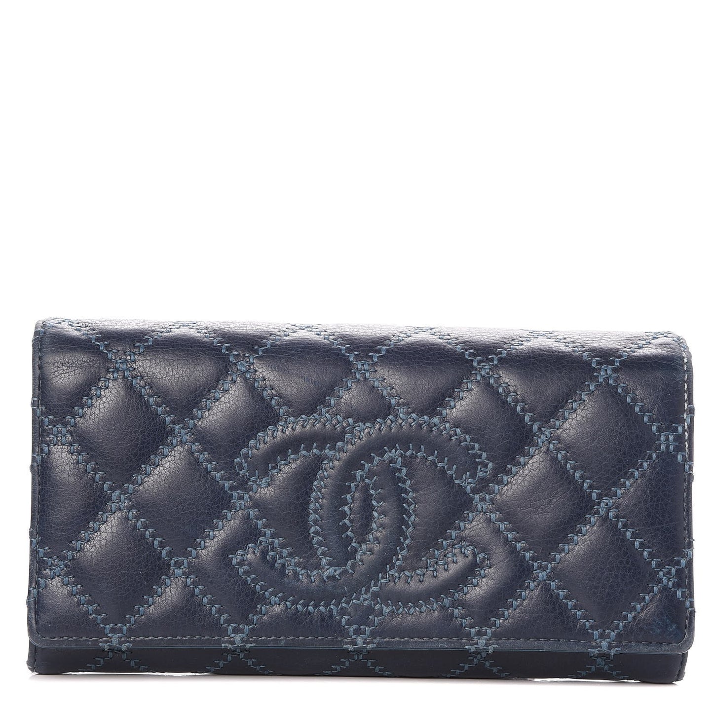 Calfskin Quilted Large Diamond CC Flap Wallet Navy