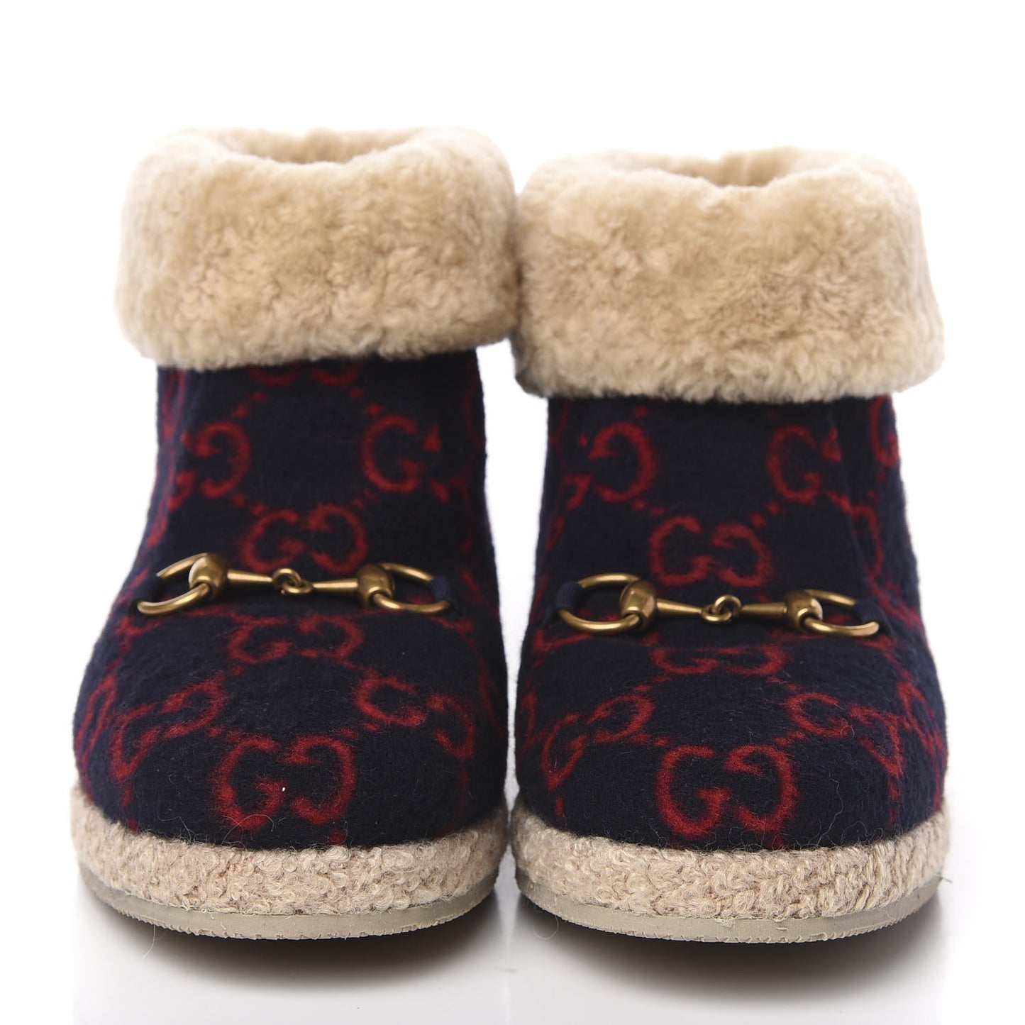 Covered Wool GG Monogram Womens Fria Horsebit Ankle Boots 37 Blue Red Butterscotch