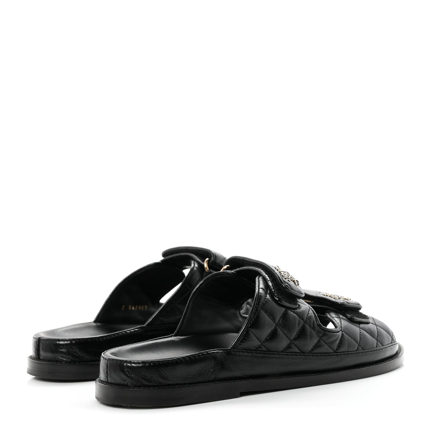 Lambskin Quilted Velcro Dad Chain CC Slide Sandals 39.5 Black