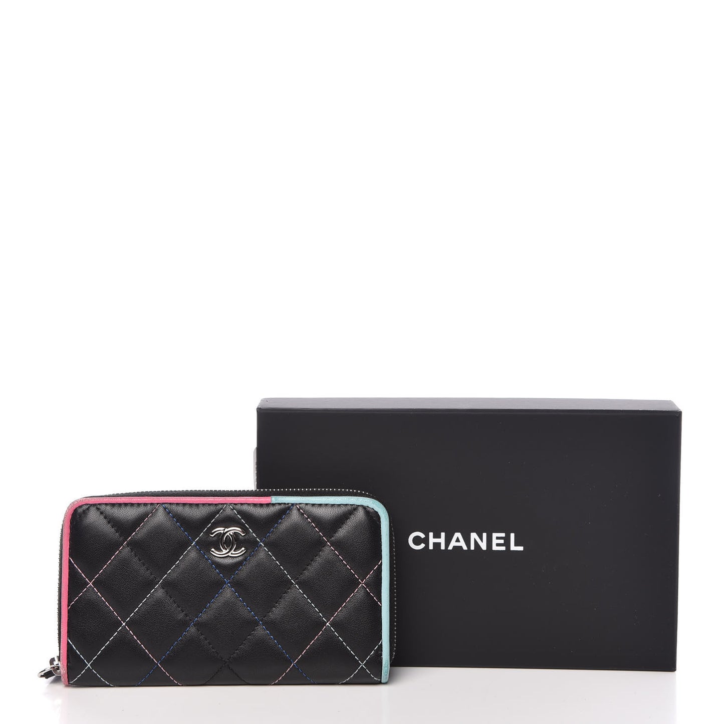 Lambskin Quilted Small Gusset Zip Around Wallet Black Pink Light Blue