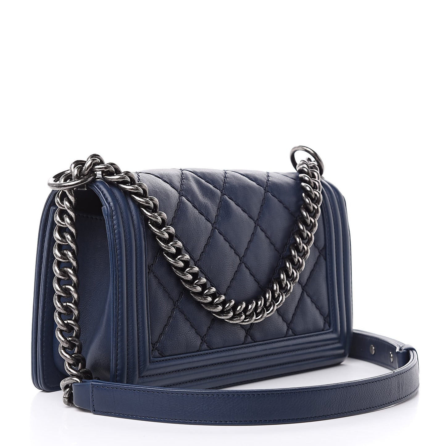 Calfskin Double Stitch Medium Boy Flap Marine