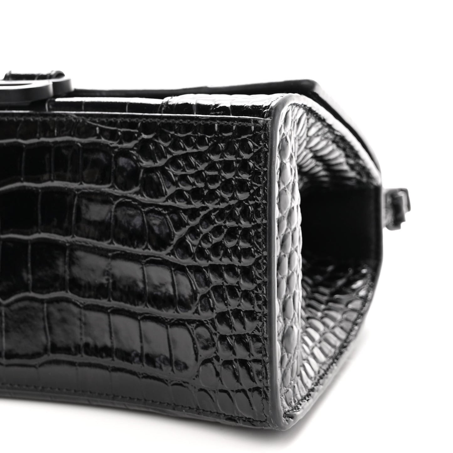 Shiny Calfskin Monochrome Crocodile Embossed Small Hourglass Top Handle Bag Black