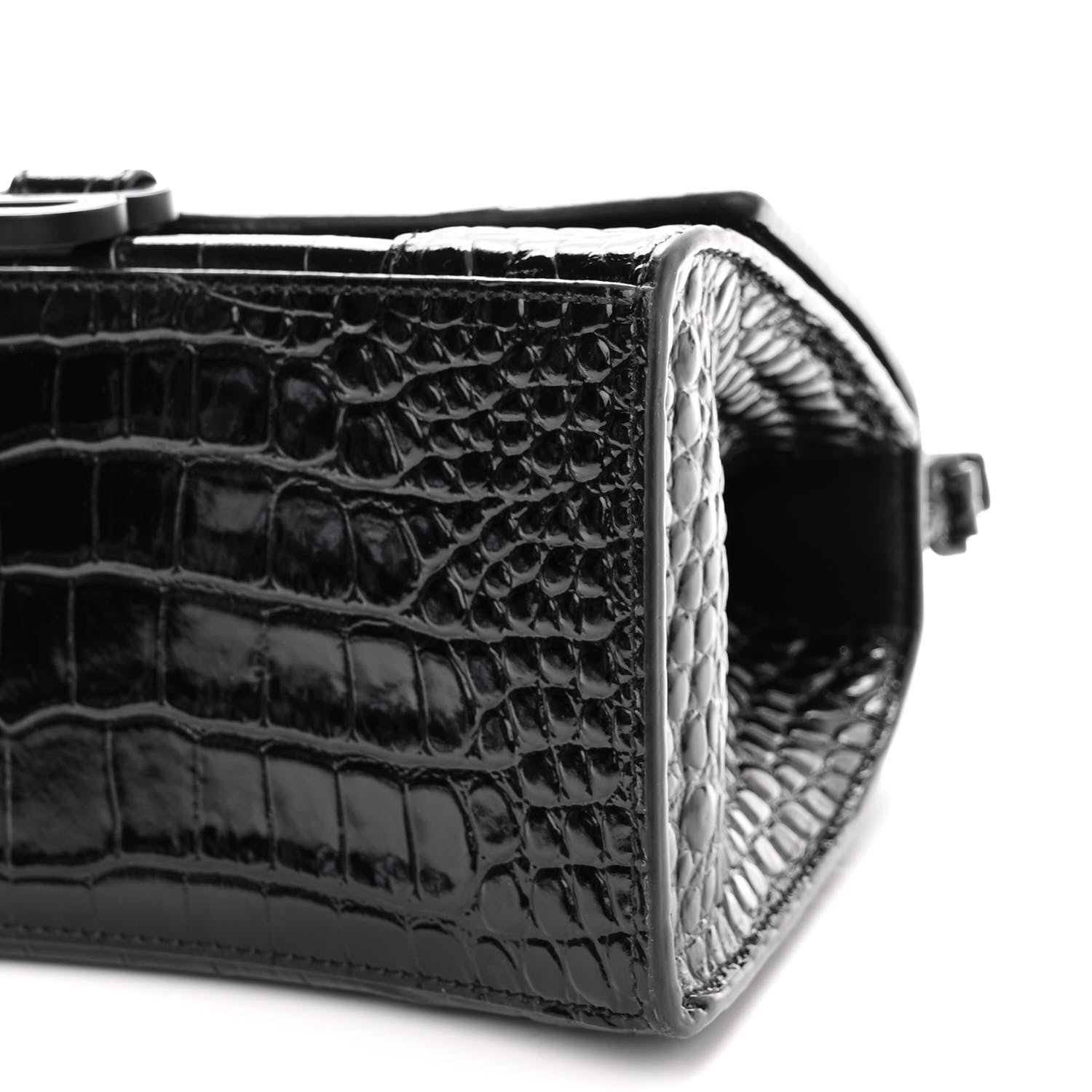 Balenciaga Shiny Calfskin Monochrome Crocodile Embossed Small Hourglass Top Handle Bag Black 9 of 10
