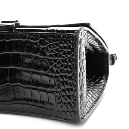 Balenciaga Shiny Calfskin Monochrome Crocodile Embossed Small Hourglass Top Handle Bag Black 9 of 10