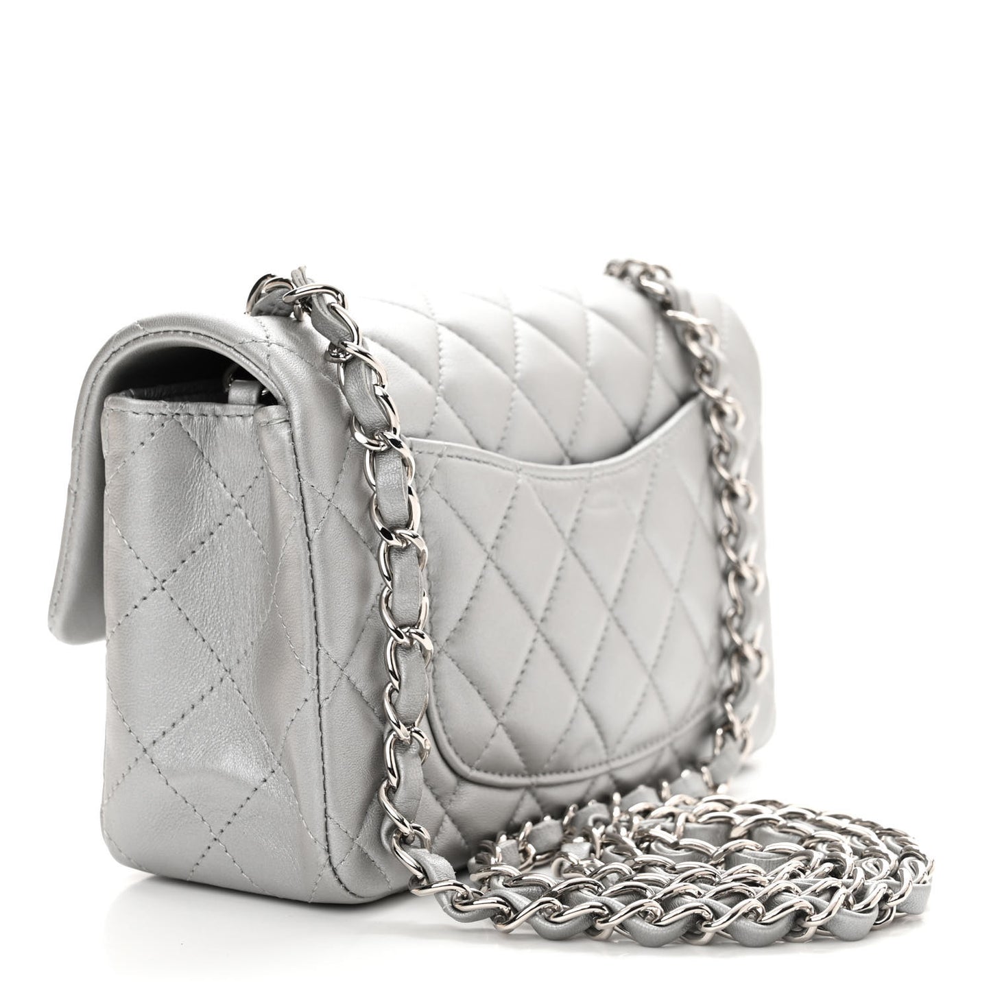 Metallic Lambskin Quilted Mini Rectangular Flap Silver