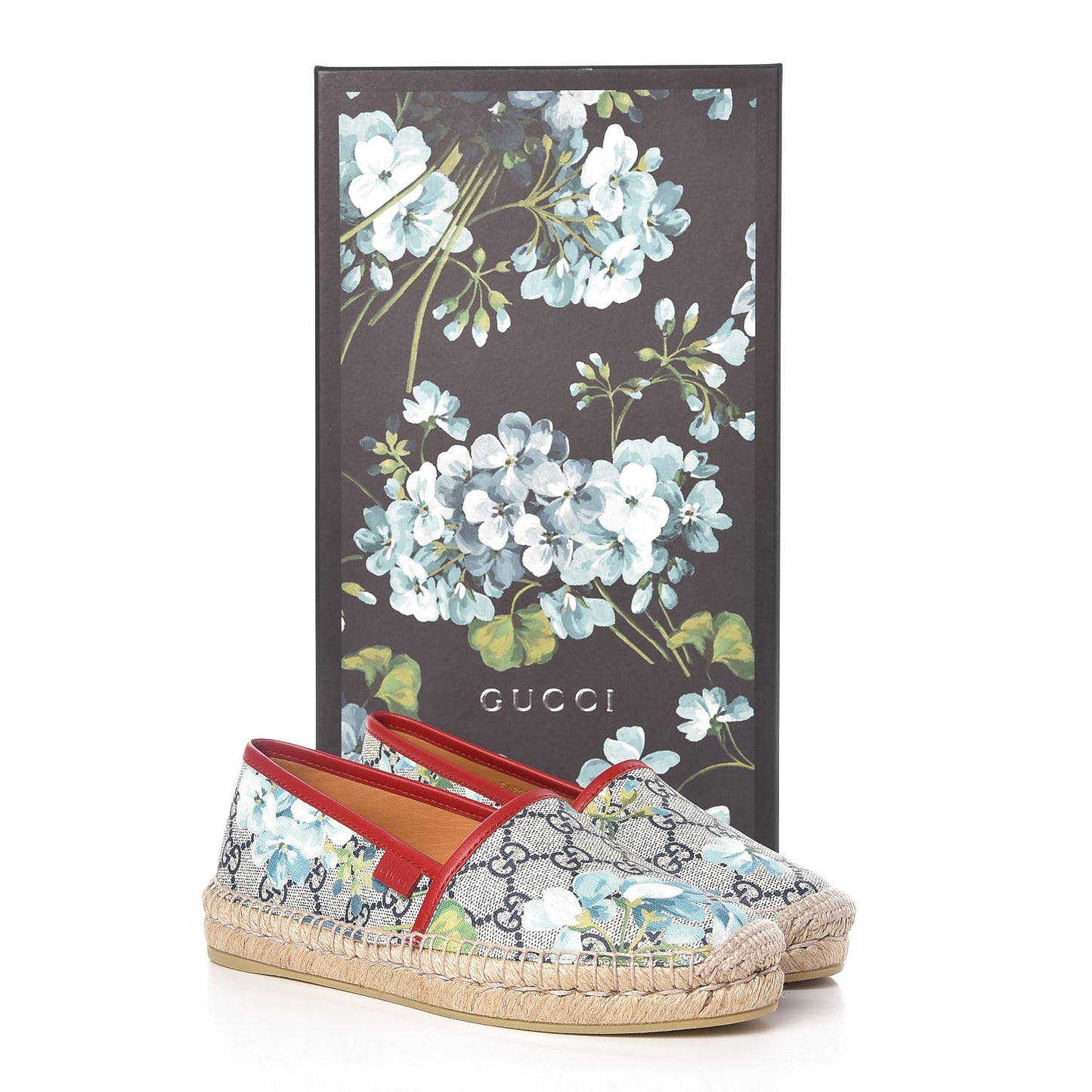 GG Supreme Monogram Blooms Espadrilles 35 Beige Blue Navy Hibiscus Red