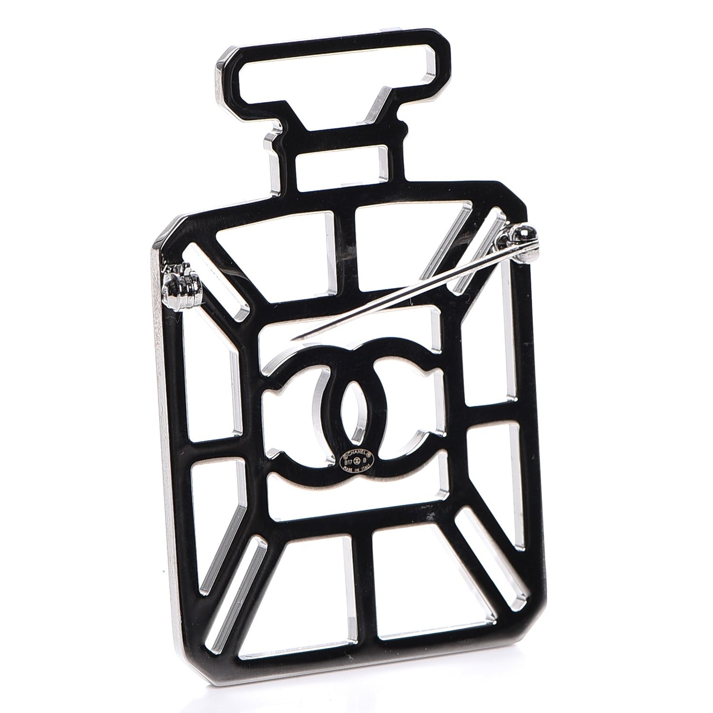 Metal Strass Perfume Bottle CC Brooch Silver