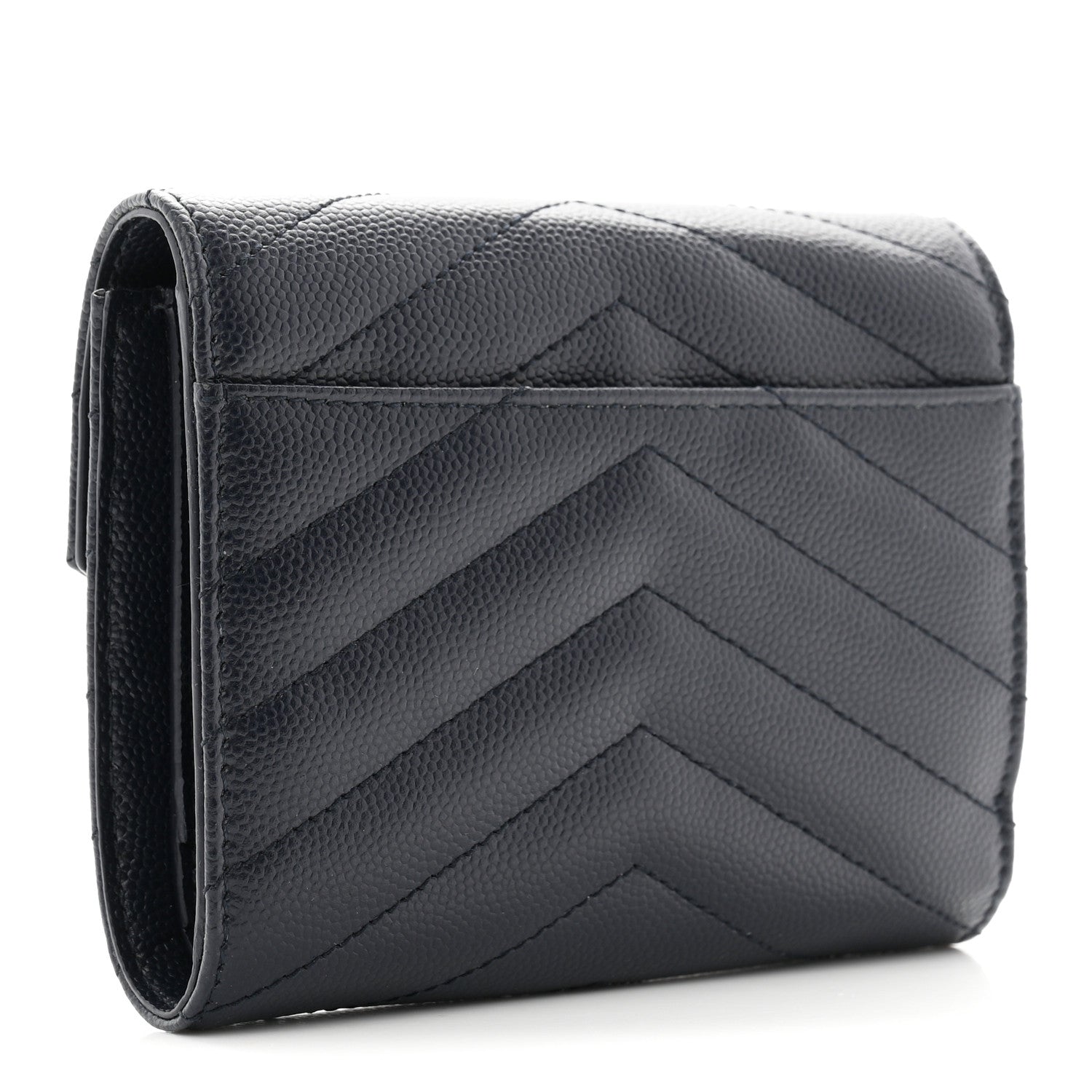 Saint Laurent Grain De Poudre Matelasse Chevron Monogram Compact Tri Fold Wallet Deep Marine 3 of 8