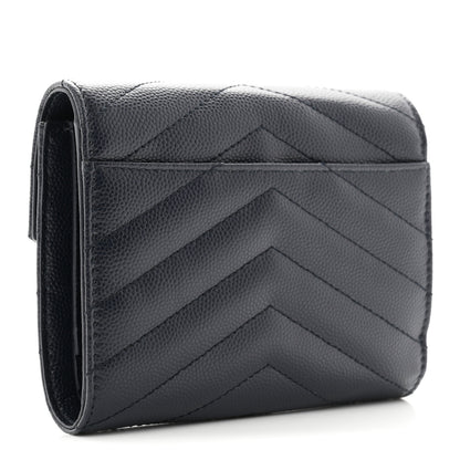 Saint Laurent Grain De Poudre Matelasse Chevron Monogram Compact Tri Fold Wallet Deep Marine 3 of 8