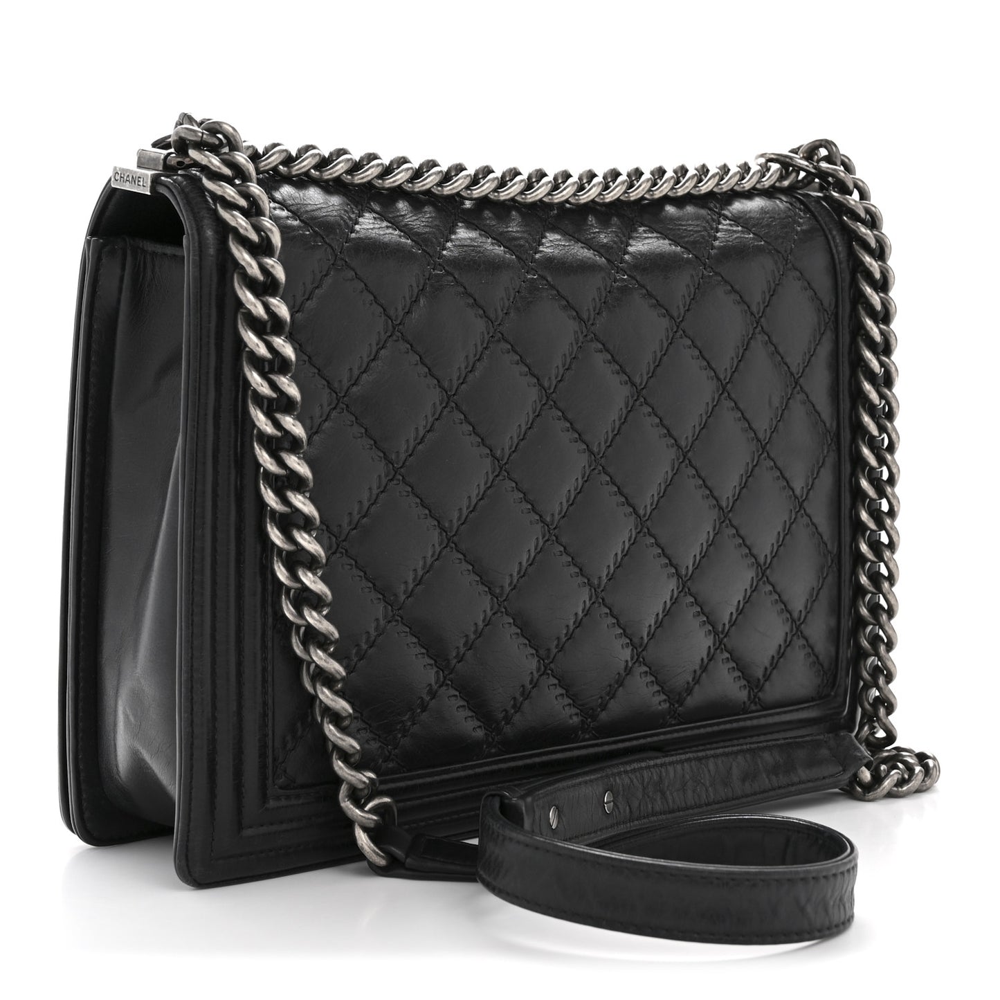 Calfskin Embossed Stitch Large Boy Flap Black