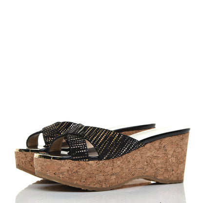 Jimmy Choo Suede Patent Glitter Prima Cork Wedge Sandals 35 Black 3 of 9