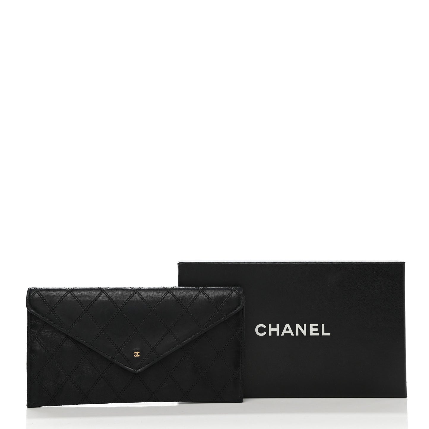 Lambskin Diamond Stitched Envelope Long Flap Wallet Black