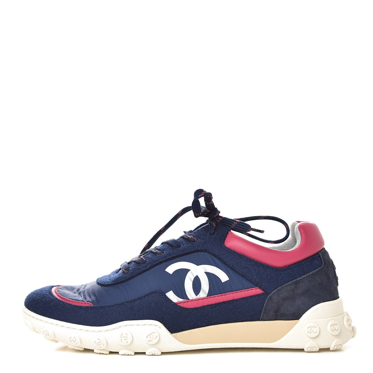 Chanel Wool Nylon Lambskin Suede Calfskin Womens Logo Sneakers 39 Navy Pink 1 of 11