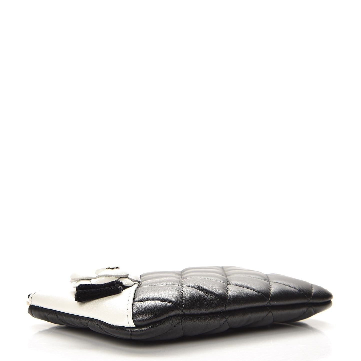 Lambskin Quilted Small Camellia Cosmetic Pouch Black White