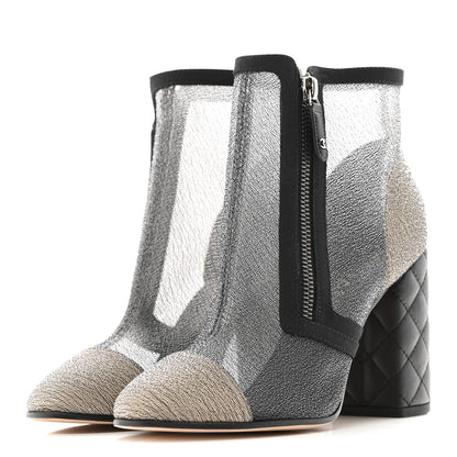 Chanel Mesh Grosgrain Cap Toe Short Boots 37.5 Beige Black 4 of 11