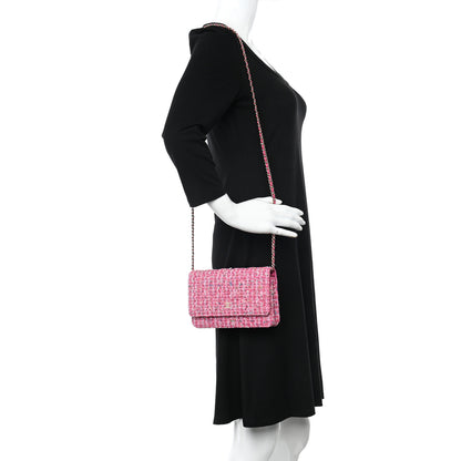 Chanel Tweed Quilted Wallet On Chain WOC Pink Blue White 2 of 12