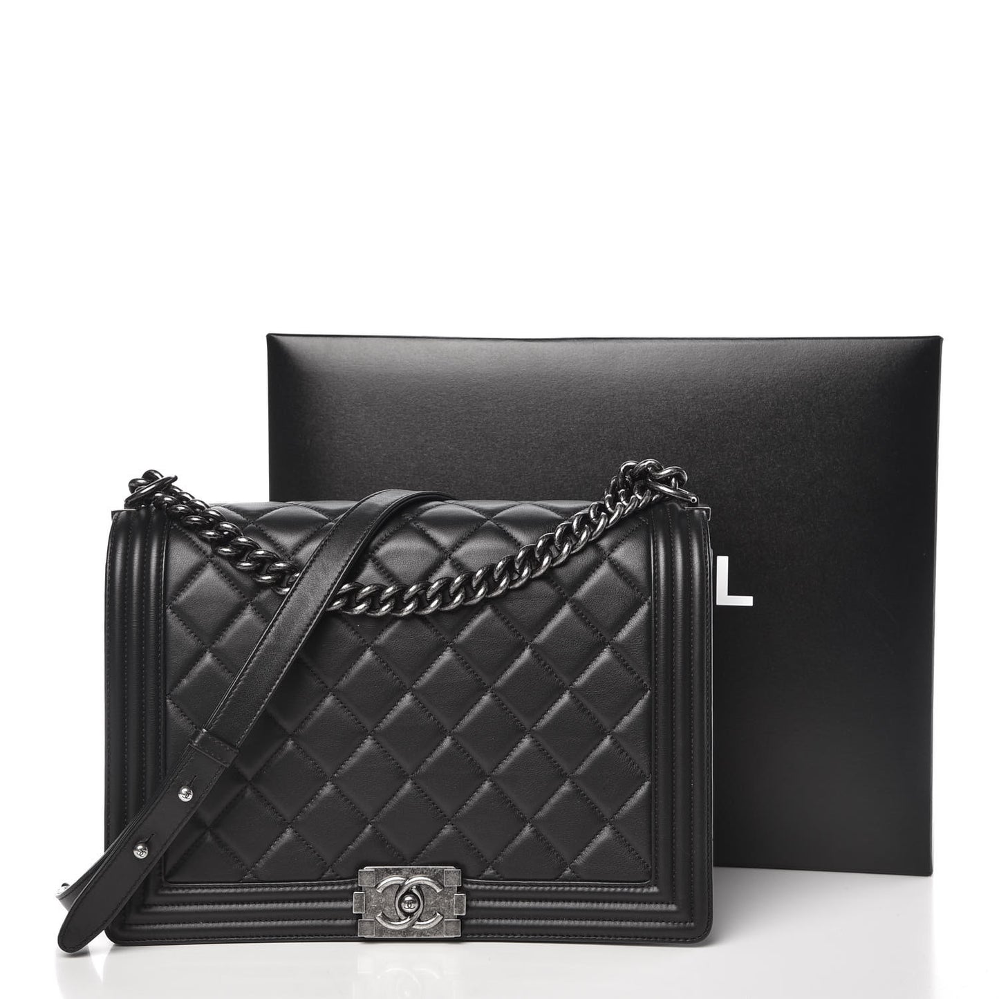 Calfskin Quilted Large Boy Flap Black