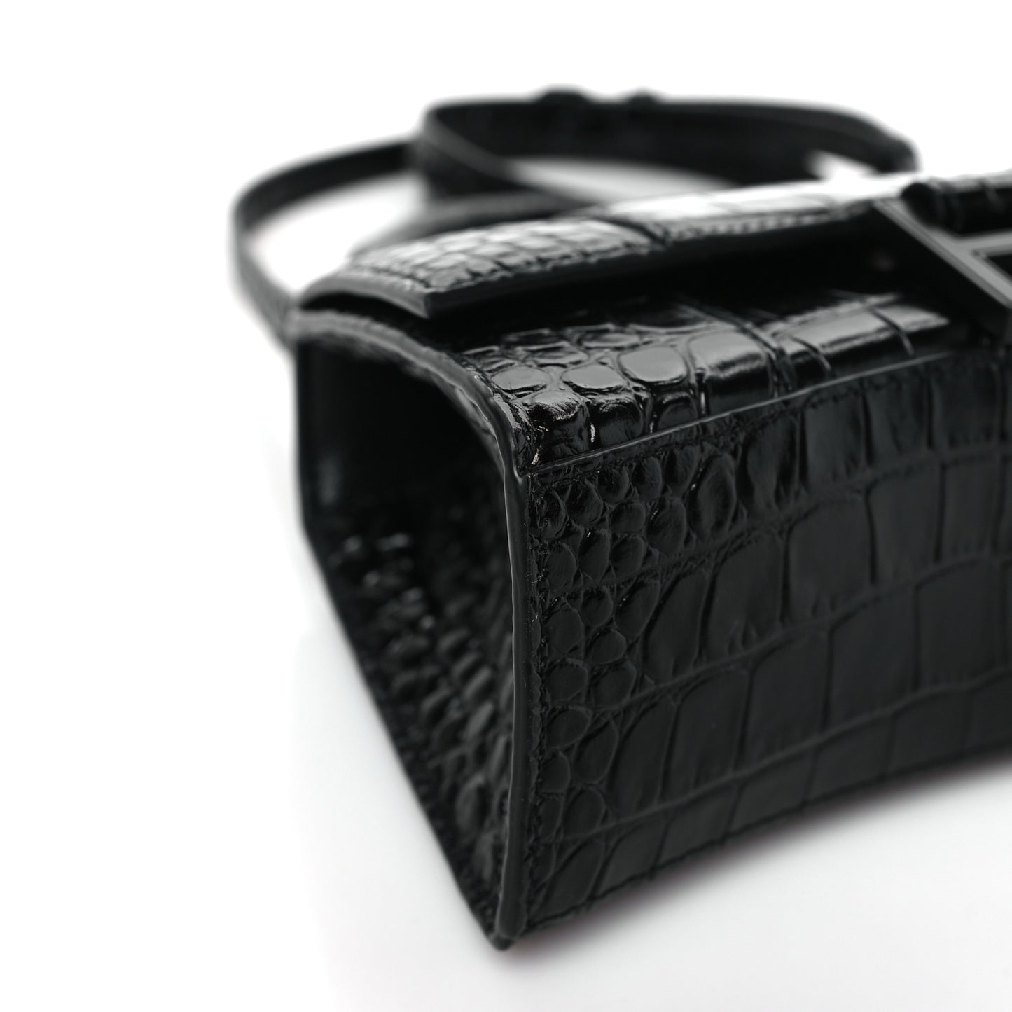Shiny Calfskin Monochrome Crocodile Embossed Hourglass Top Handle Bag XS Black