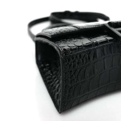 Balenciaga Shiny Calfskin Monochrome Crocodile Embossed Hourglass Top Handle Bag XS Black 7 of 8