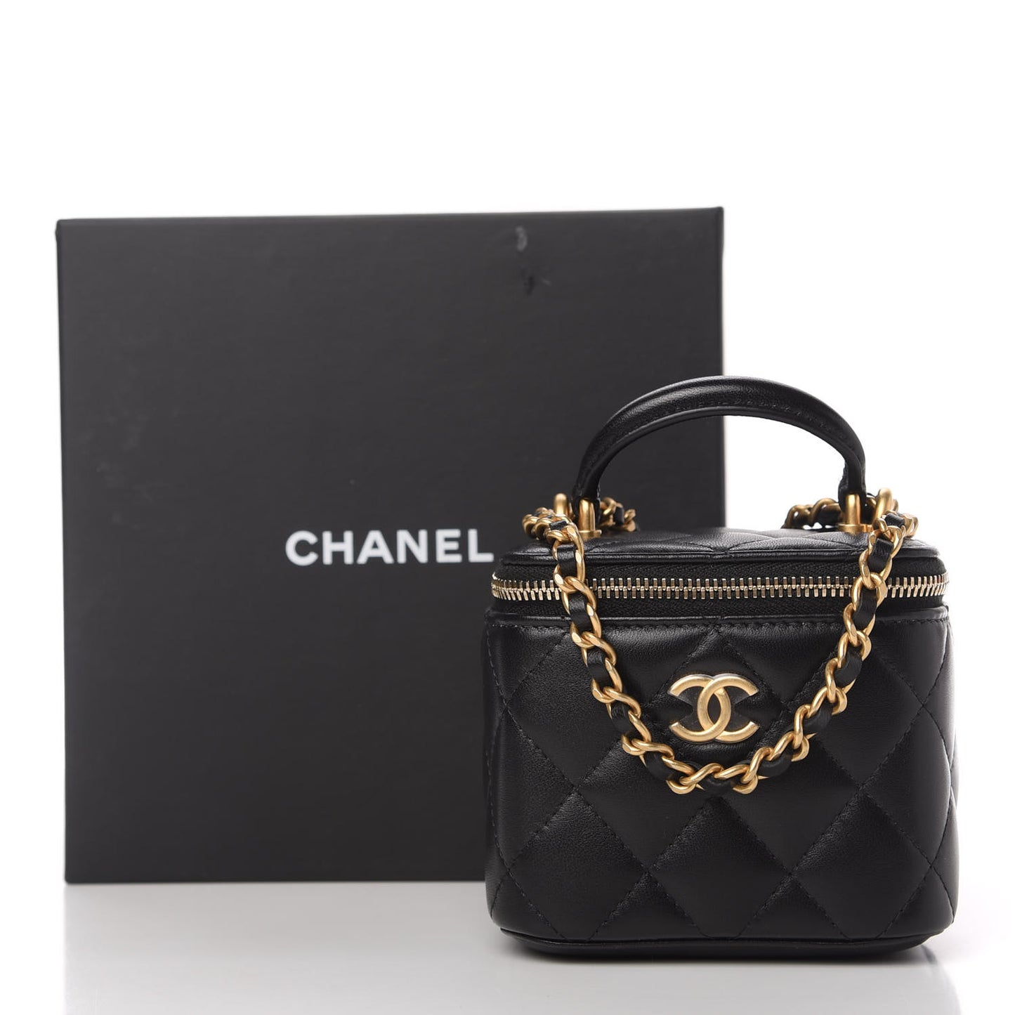 Lambskin Quilted Top Handle Mini Vanity Case With Chain Black