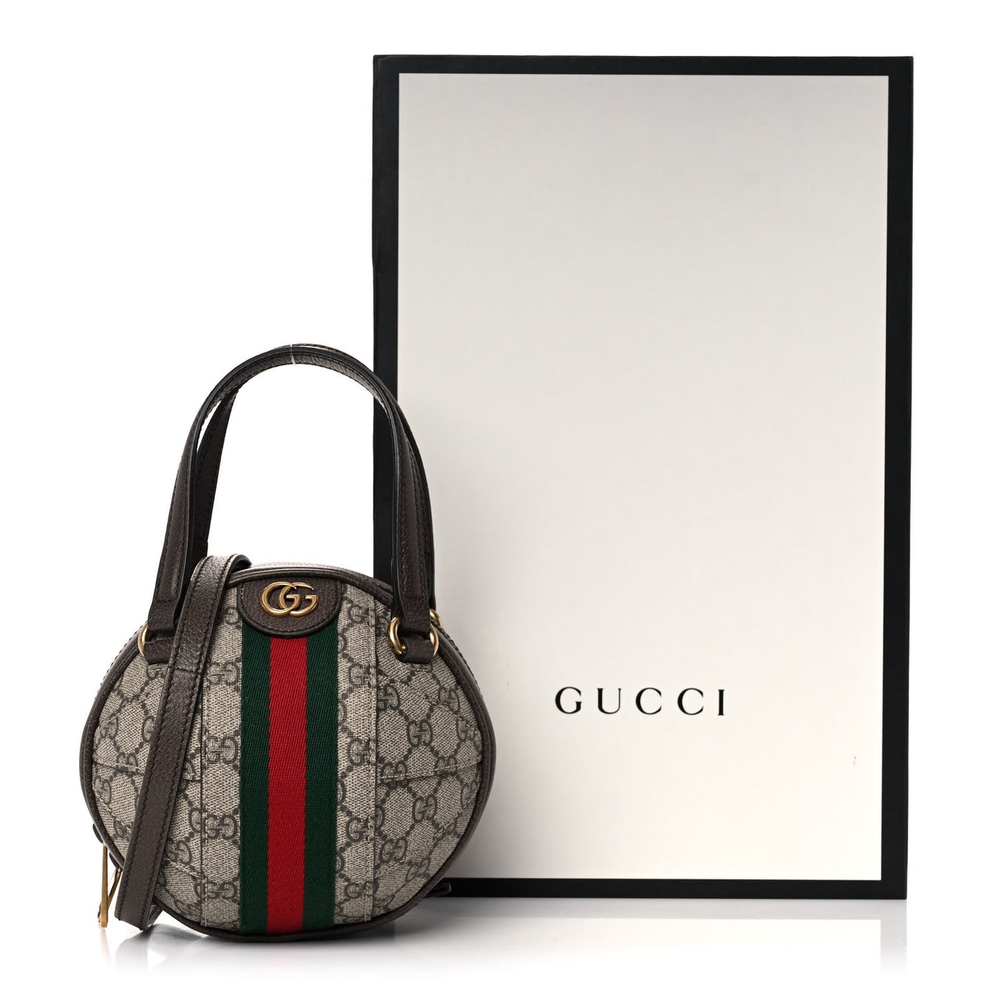 GG Supreme Monogram Textured Dollar Calfskin Web Mini Ophidia Basketball Shaped Shoulder Bag Beige Ebony New Acero