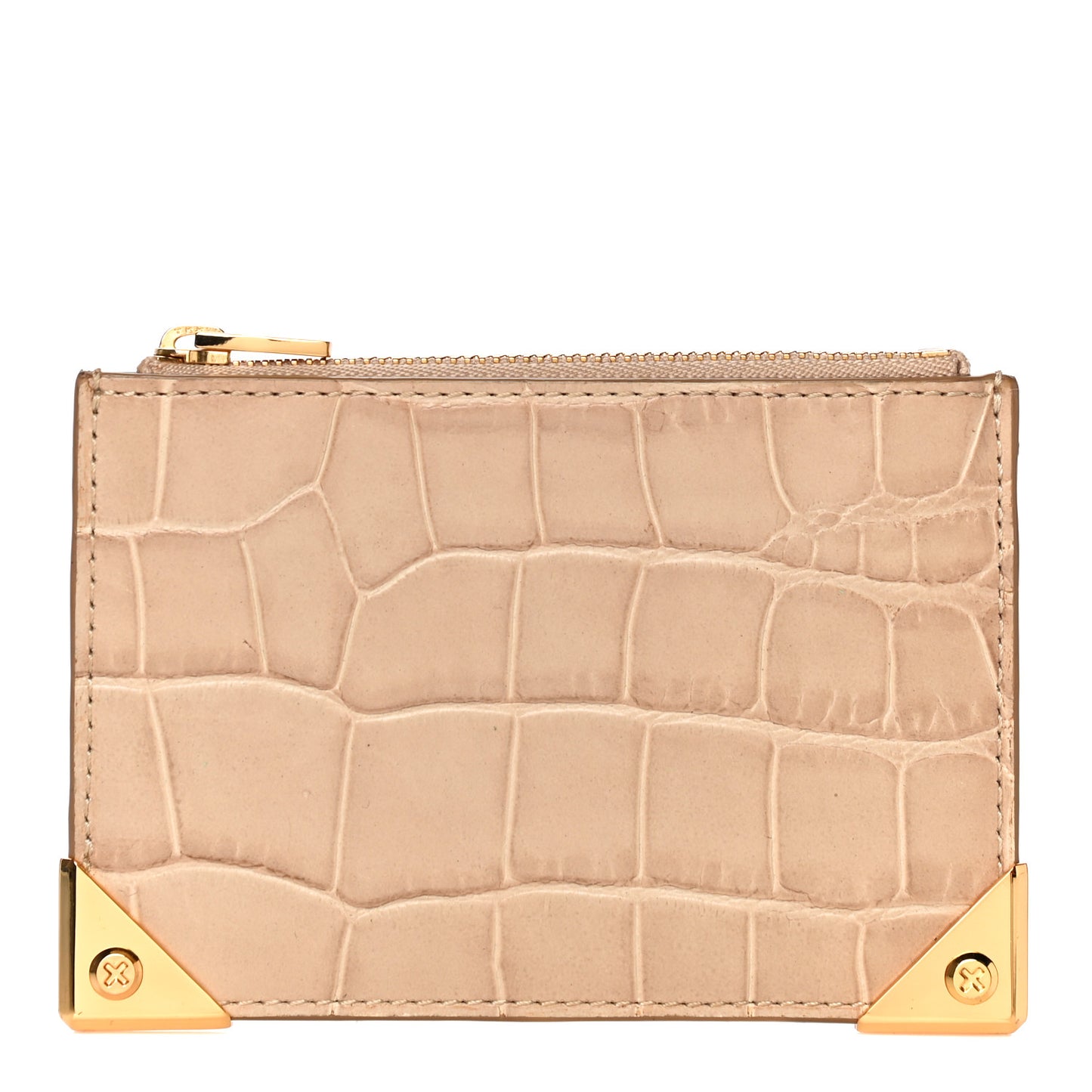 Calfskin Crocodile Embossed Prisma Flat Pouch Almond Gold Hardware