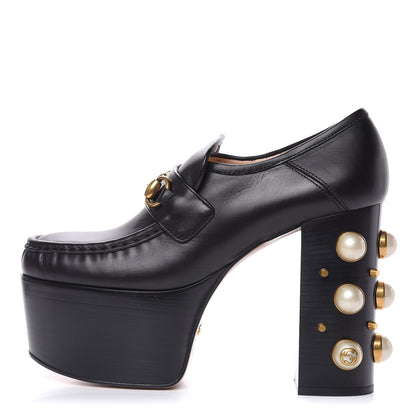 Gucci Malaga Kid Pearl Studded Vegas Platform Loafers 38 Black 1 of 9