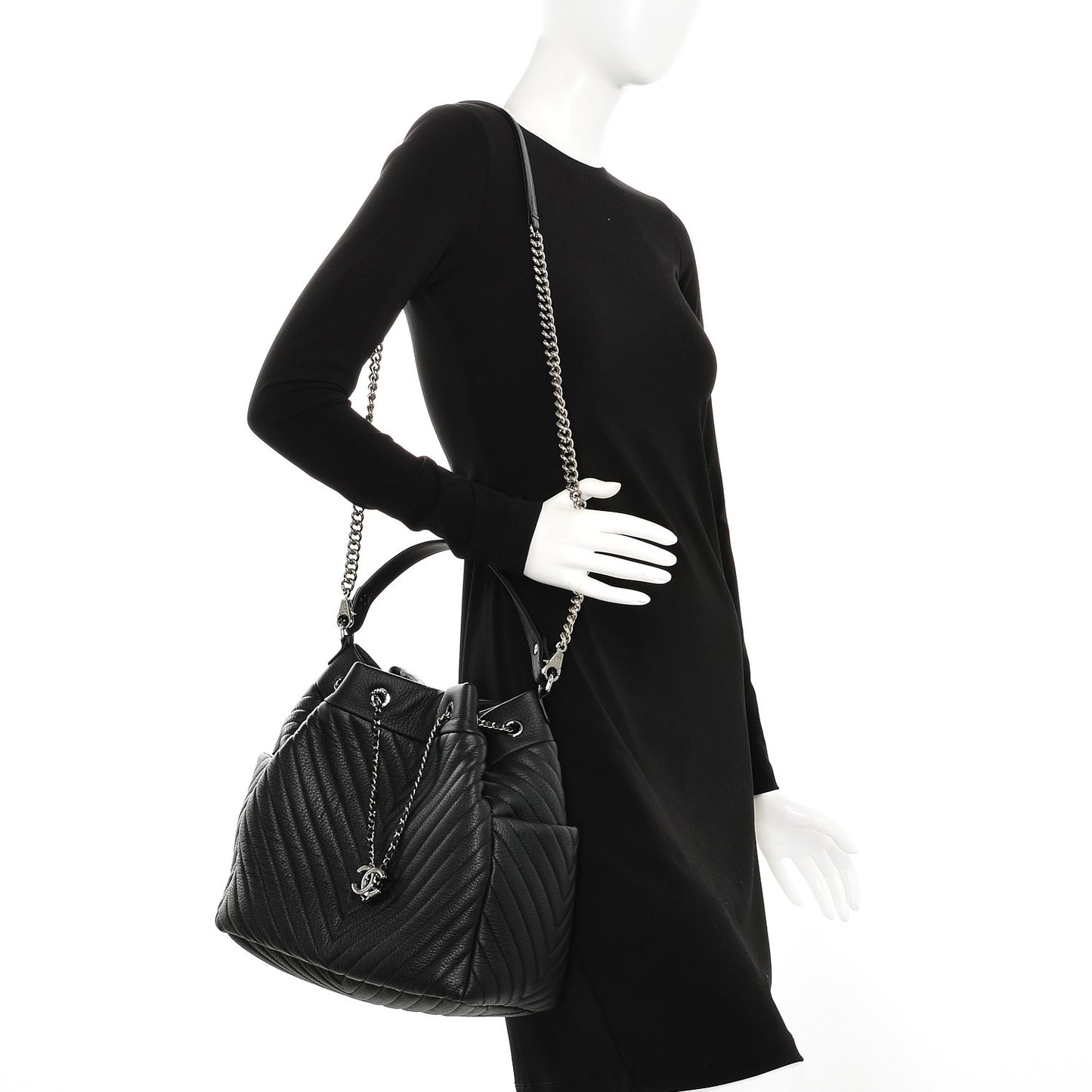 Deerskin Chevron Large CC Chain Bucket Drawstring Bag Black