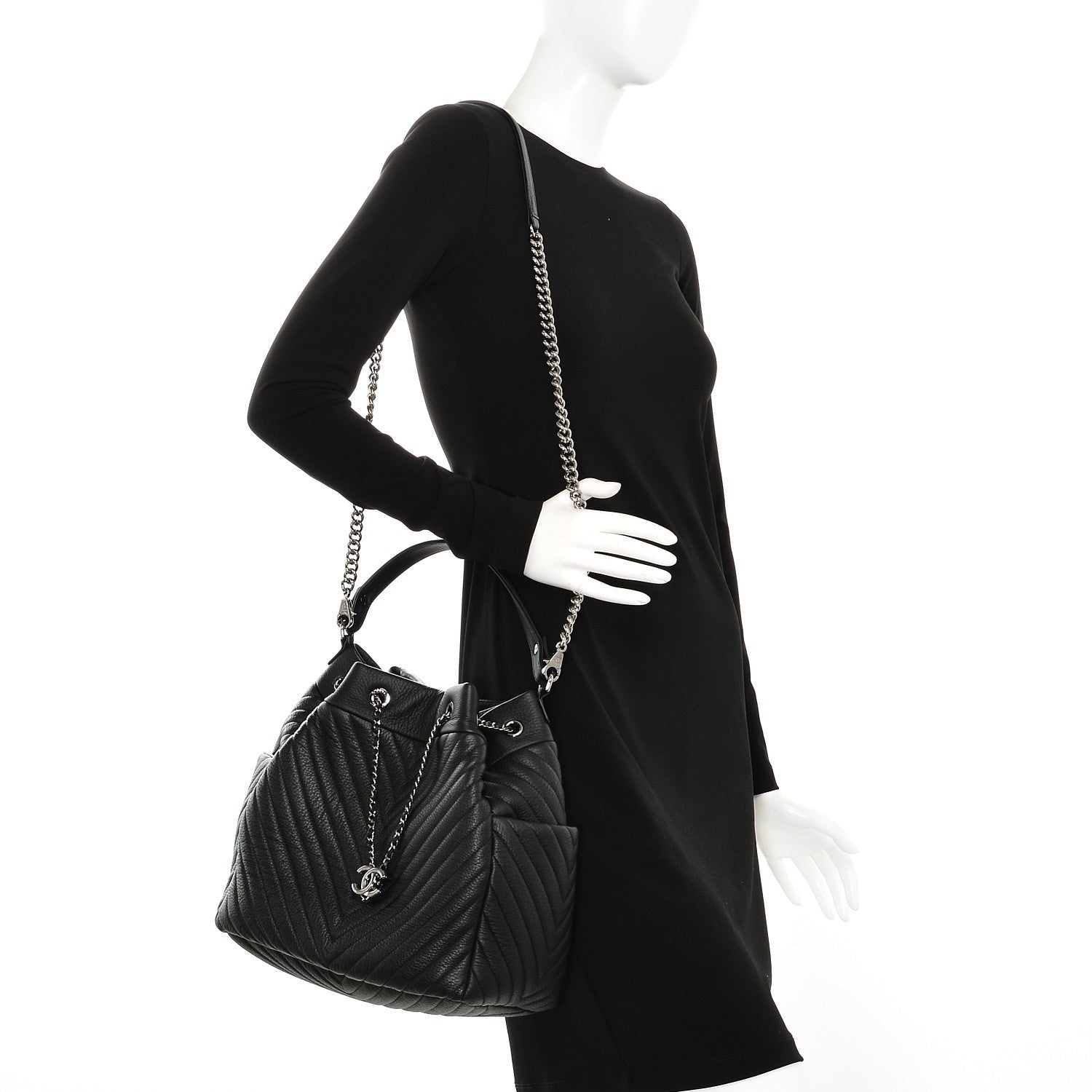 Chanel Deerskin Chevron Large CC Chain Bucket Drawstring Bag Black 2 of 7