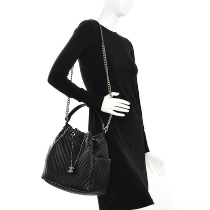 Chanel Deerskin Chevron Large CC Chain Bucket Drawstring Bag Black 2 of 7
