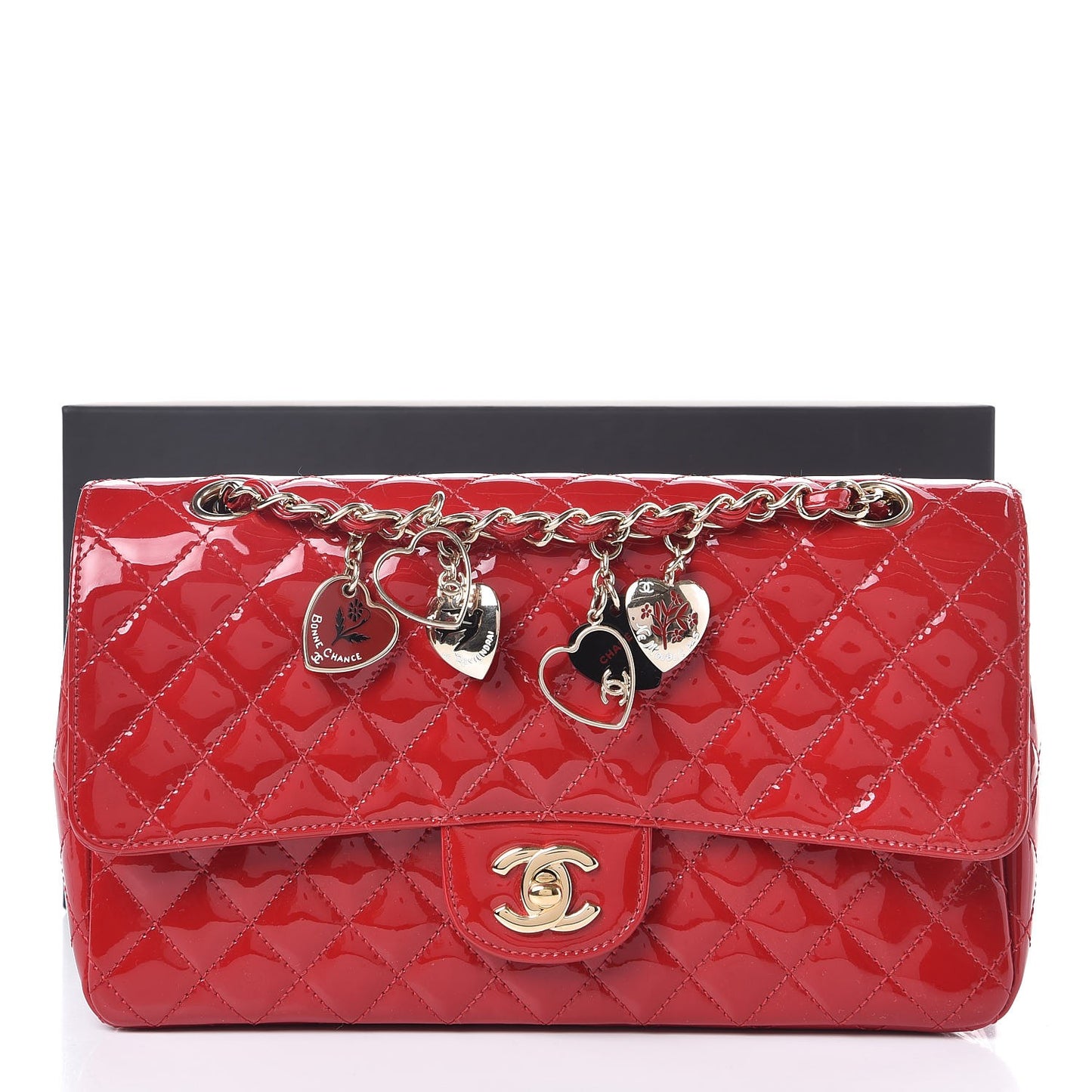 Patent Calfskin Quilted Valentine Charms Medium Single Flap Red