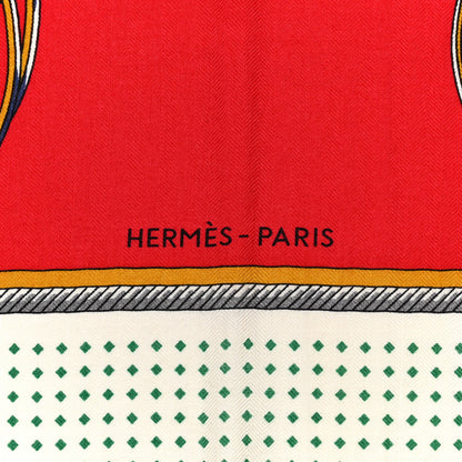 Hermes Cashmere Silk Les Voitures A Transformation Shawl 140 Rouge Vert Safran 2 of 6