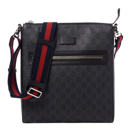 Gucci GG Supreme Monogram Appia Calfskin Web Flat Messenger Bag Black Grey 1 of 9