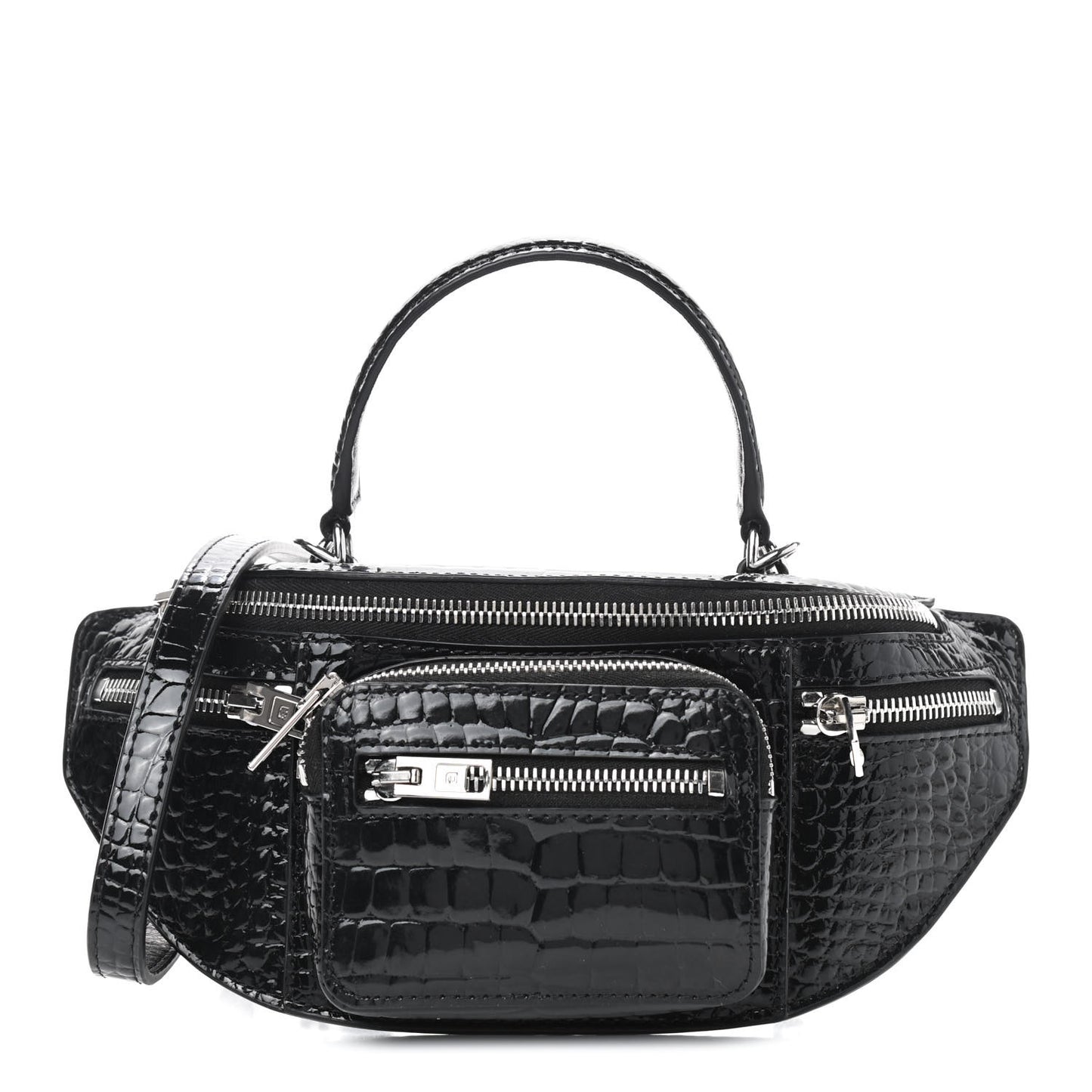 Crocodile Embossed Patent Mini Top Handle Attica Belt Bag Black