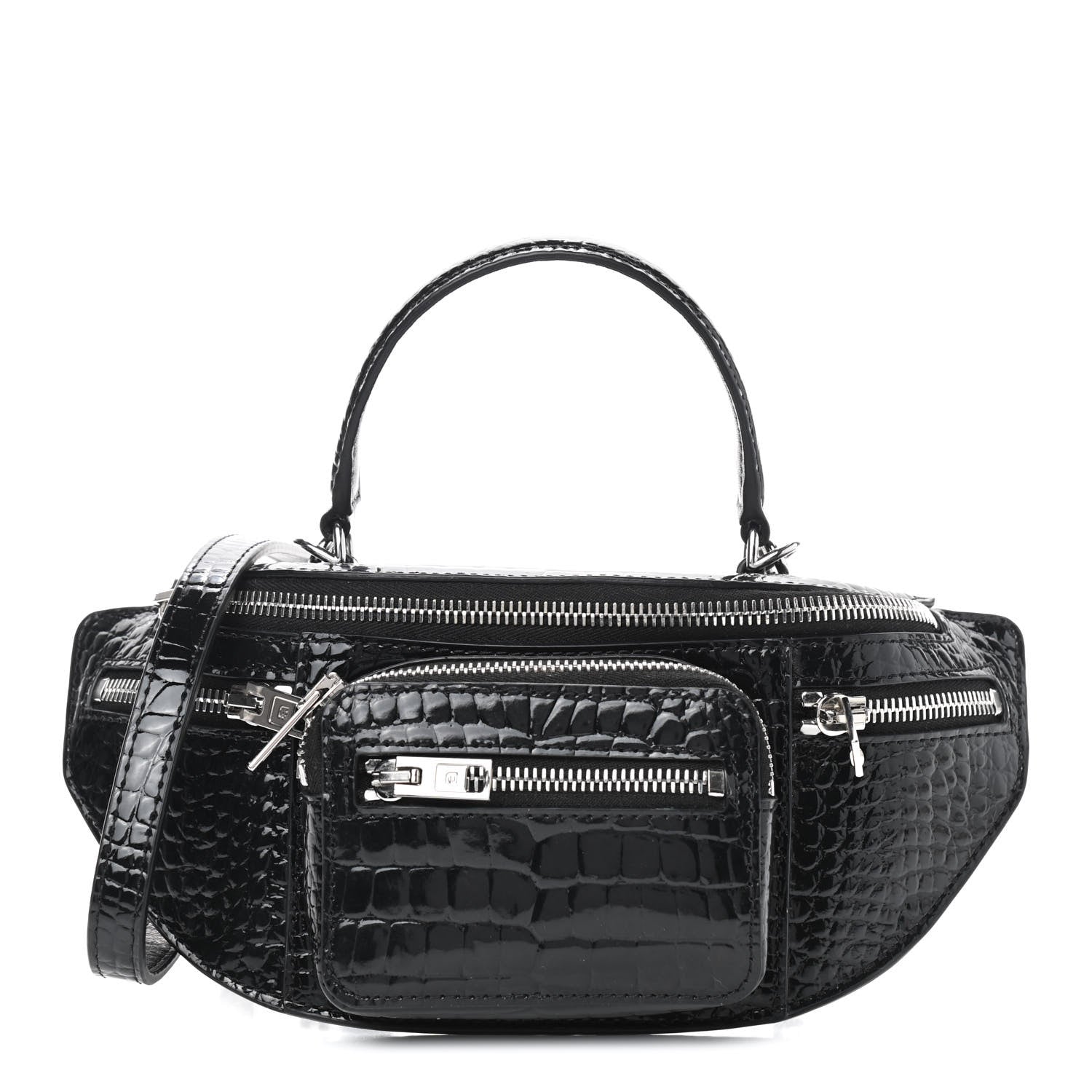 Alexander Wang Crocodile Embossed Patent Mini Top Handle Attica Belt Bag Black 1 of 8
