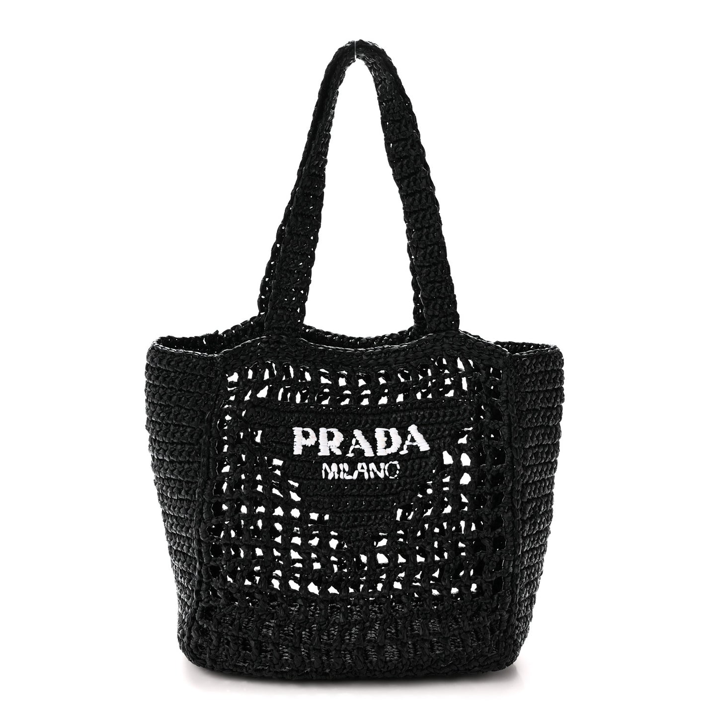 Yarn Raffia Effect Crochet Logo Embroidered Small Tote Bag Black