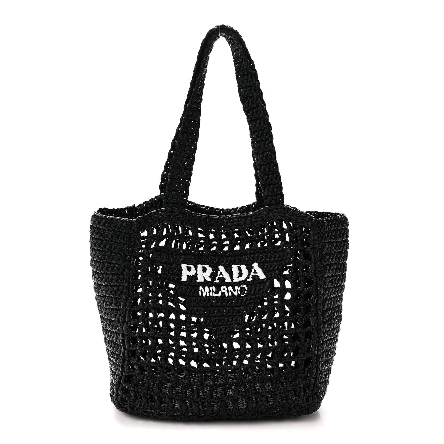 Prada Yarn Raffia Effect Crochet Logo Embroidered Small Tote Bag Black 1 of 9
