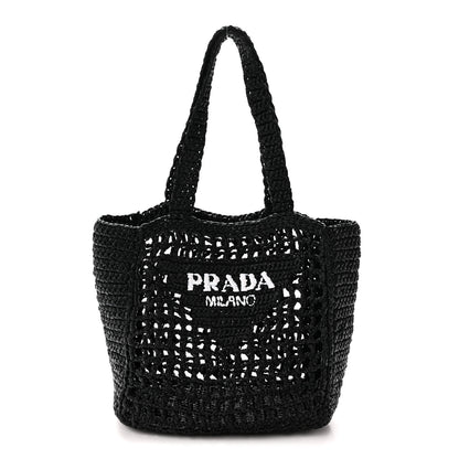 Prada Yarn Raffia Effect Crochet Logo Embroidered Small Tote Bag Black 1 of 9