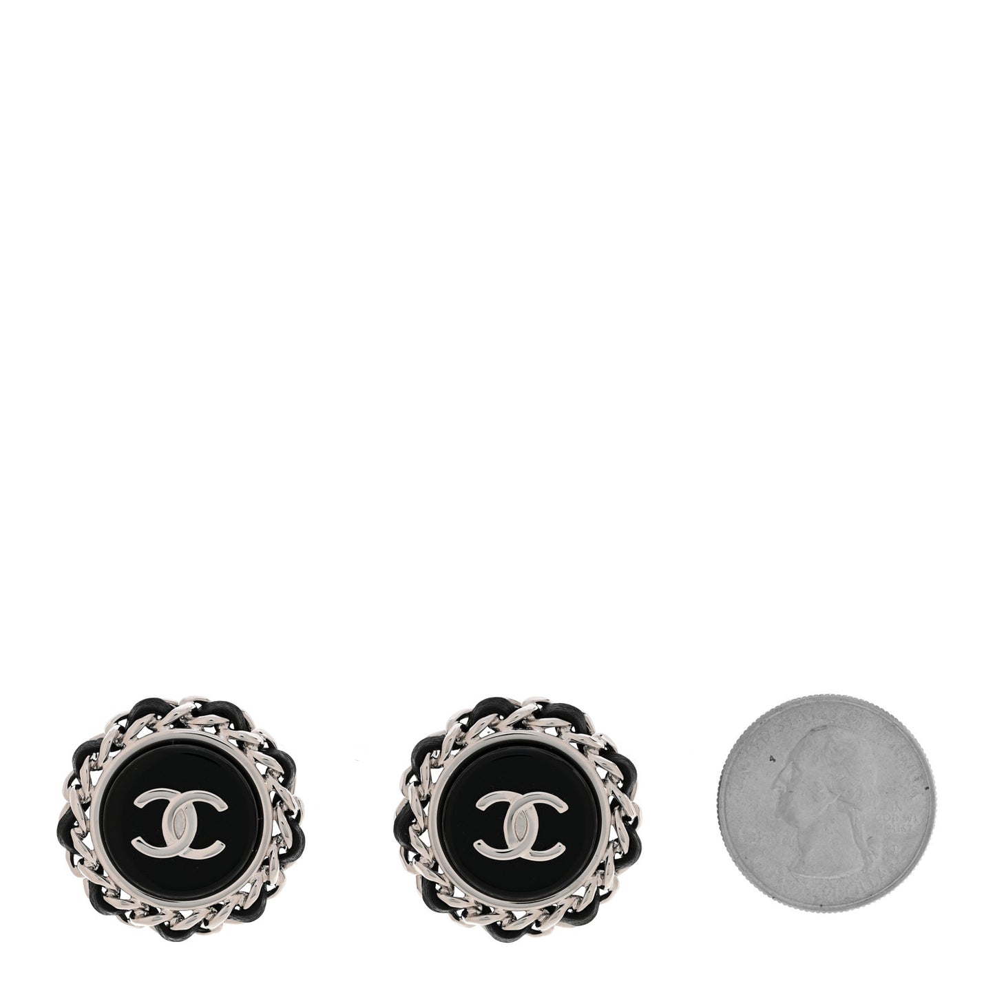 Metal Enamel Lambskin CC Round Earrings Black Silver