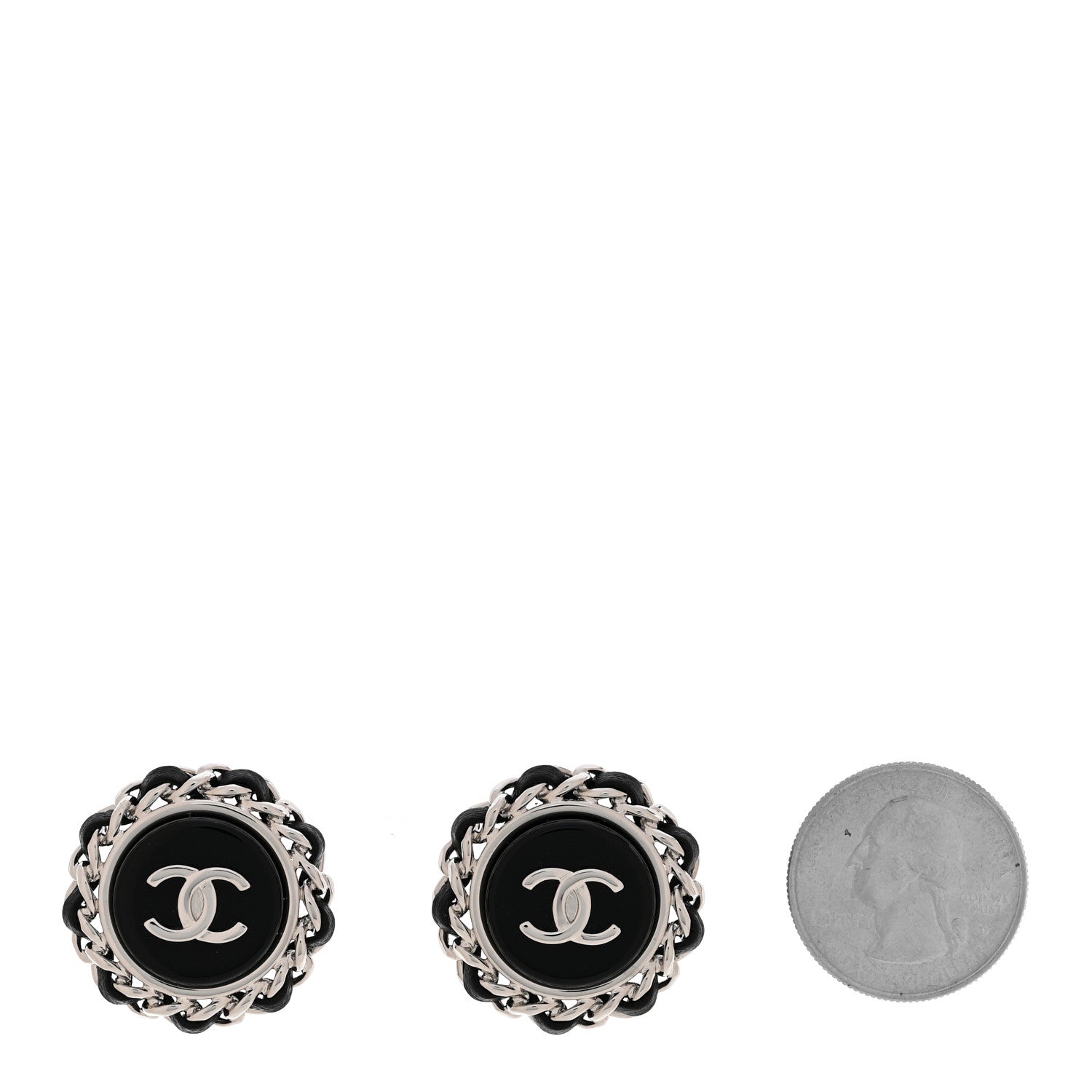 Chanel Metal Enamel Lambskin CC Round Earrings Black Silver 2 of 5