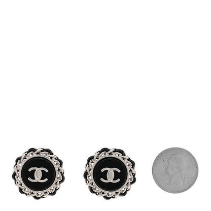 Chanel Metal Enamel Lambskin CC Round Earrings Black Silver 2 of 5