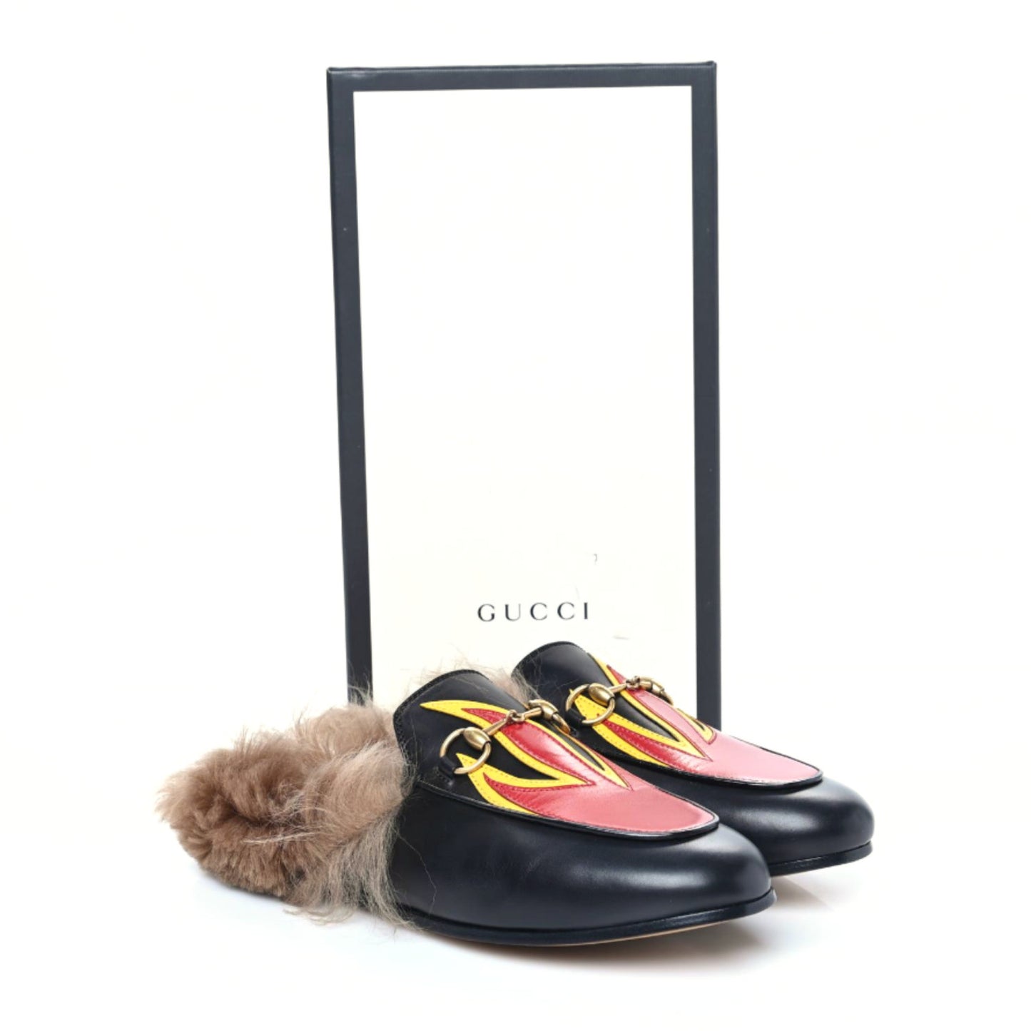 Calfskin Fur Flame Princetown Slippers 36.5 Black