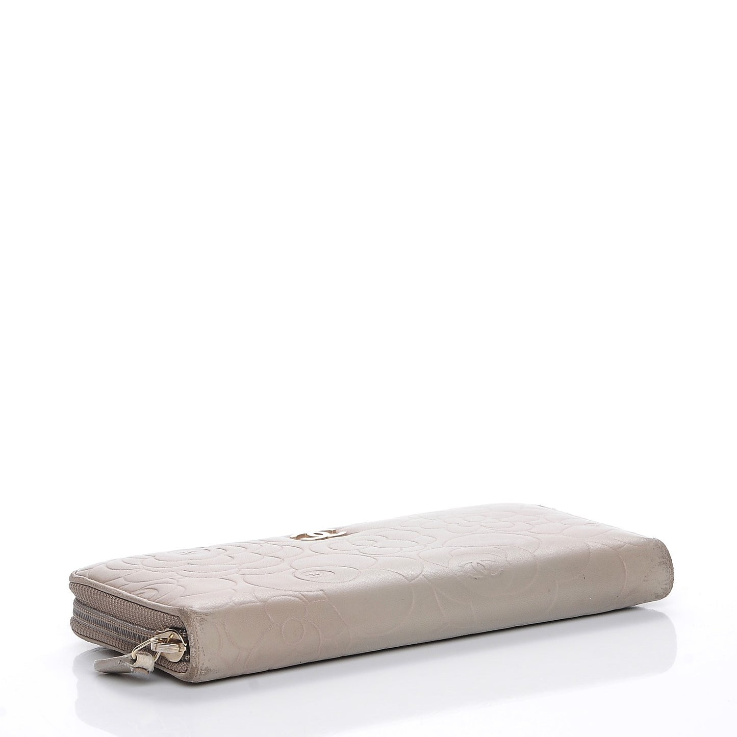 Lambskin Camellia Embossed Large Gusset Zip Around Wallet Beige