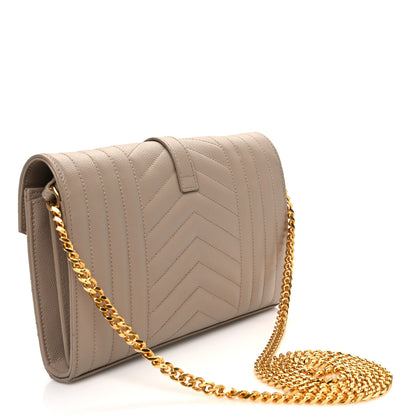 Saint Laurent Grain De Poudre Mixed Matelasse Triquilt Monogram Chain Wallet Dark Beige 3 of 14