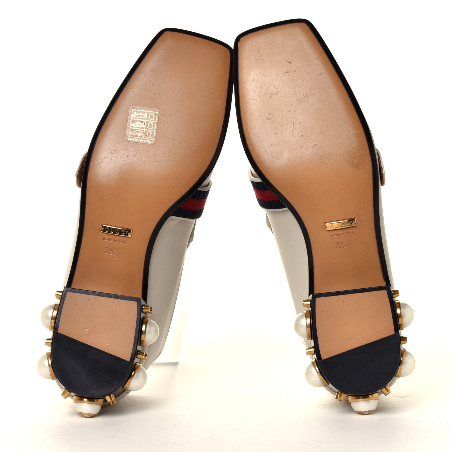 Gucci Betis Glamour Calfskin Web Pearl Embellished Peyton 35mm Loafer Pumps 38.5 Mystic White 12 of 12