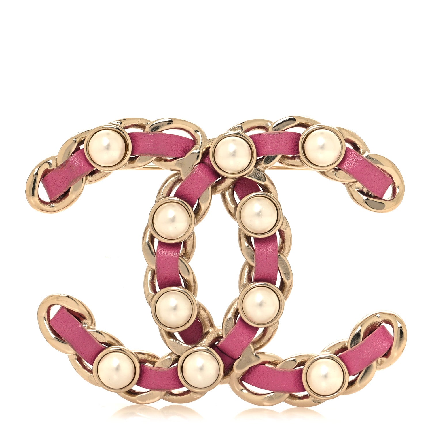 Chanel Lambskin Pearl Chain CC Brooch Pink Gold 1 of 4